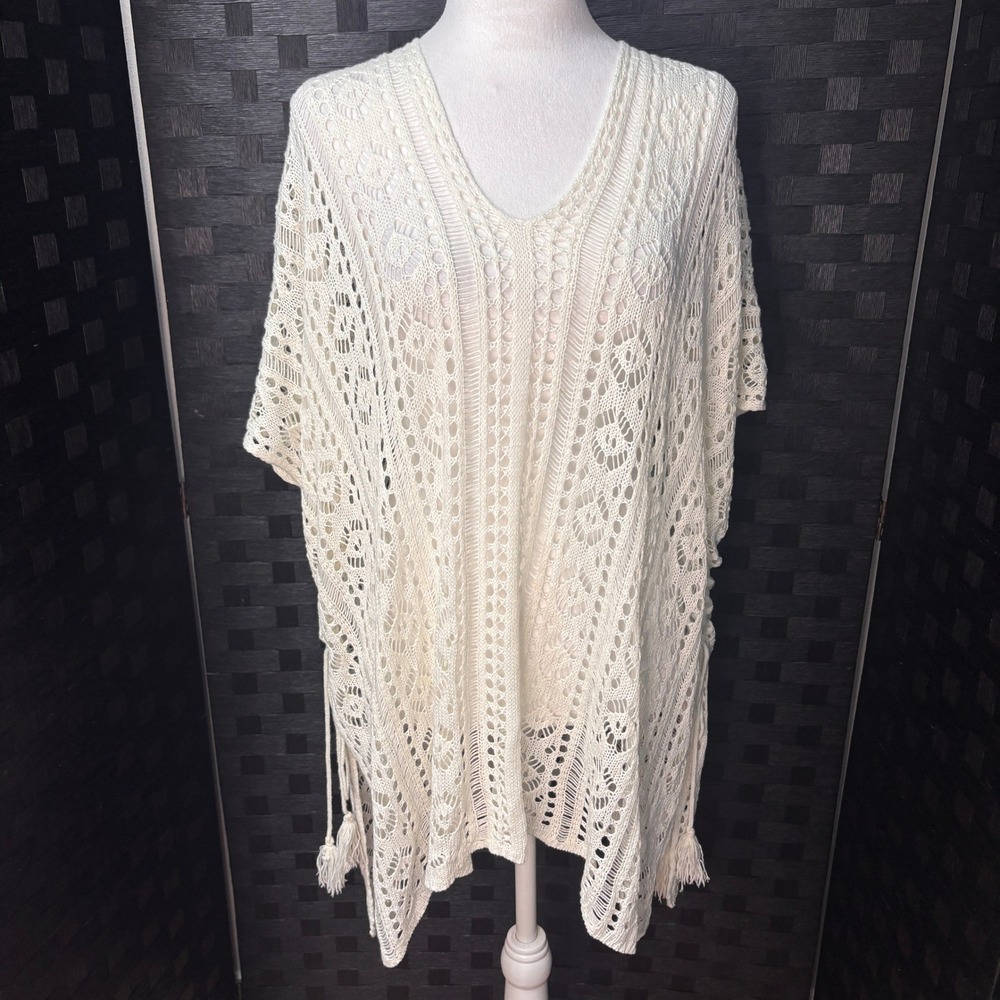 Crochet Poncho Swim Cover Up Womens OSFM Cream Boho Tassel Beach Festival Indie